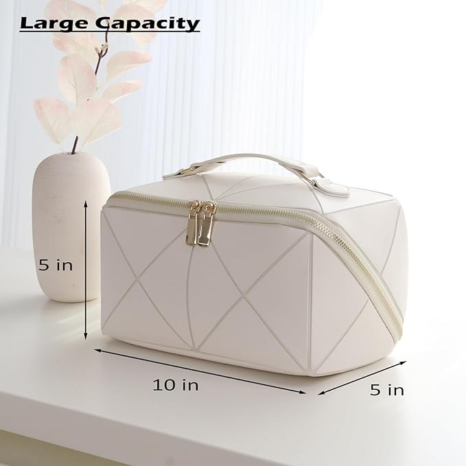 IMCUZUR Travel Makeup Bag Large Cosmetic Bag for Women, Open Flat Make up Bag Portable Skincare Bag with Handle (White)