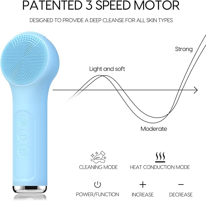 Silicone Facial Cleansing Brush, Portable Electric Face Scrubber with Heat and Vibration, 3 Modes Adjustable, Waterproof IPX6, USB-C Rechargeable, Deep Cleansing, Exfoliating and Massage