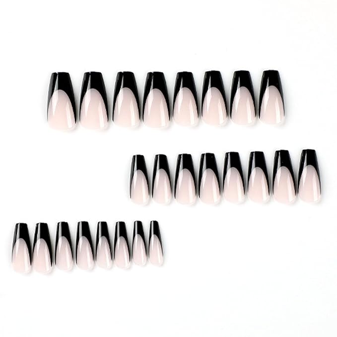 Medium Press On Nails Coffin Fake Nails Black French Tip False Nails Press Ons Nude Transparent Acrylic Glossy Glue On Artificial Stick On Nails for Women 24Pcs