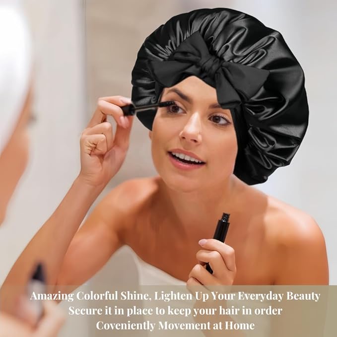 Silk Bonnet for Sleeping Women，Hair Bonnet for Sleeping Silk Night Cap for Curly/Natural Hair Skin Gleaming Black, Large