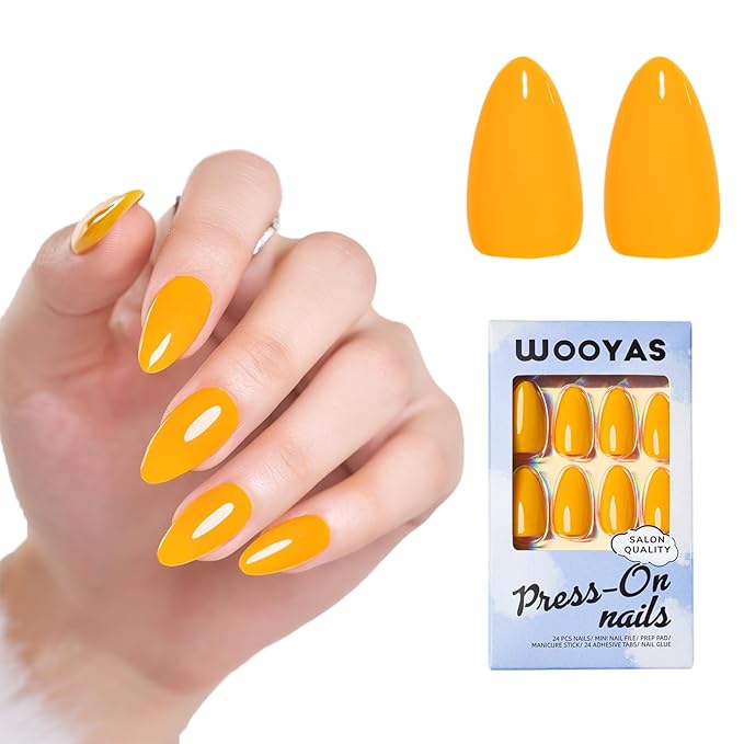 WOOYAS Almond Glossy Press On Nails - Medium Length, Yellow/Orange Glue On False Nails with Adhesive Tabs, 24pcs Reusable Kit