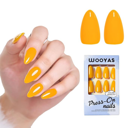 WOOYAS Almond Glossy Press On Nails - Medium Length, Yellow/Orange Glue On False Nails with Adhesive Tabs, 24pcs Reusable Kit