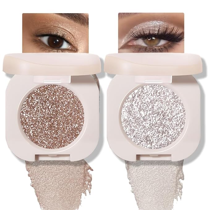 2Pcs Glitter Shimmer Sparkle Eyeshadow Palette Makeup For Old Women, Light Brown&Silver Glitter Shimmer Metallic Holographic Multichrome Cream Iridescent Single Monochrome Eye Shadow Makeup