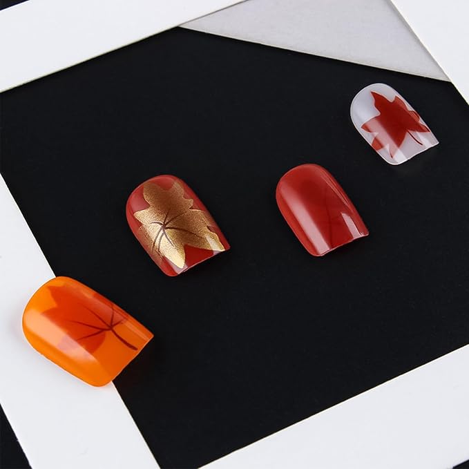 Red Maple Leaf Press on Nails 24Pcs Glossy Gold Glitter Acrylic Fake Nail Thanksgiving Short Square False Nails Fall Leaves Stick on Fingernails Autumn Gel Glue on Nail for Coquette Women Girls