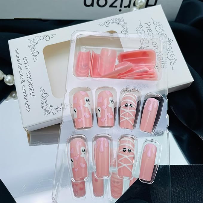 24Pcs Halloween Nails Press on Nails Medium Square NEWSPIED Pink Fake Nails with Cute Ghost Heart Designs Halloween Glue on Nails Glossy Acrylic Stick on Nails Cute Holiday False Nails for Women DIY