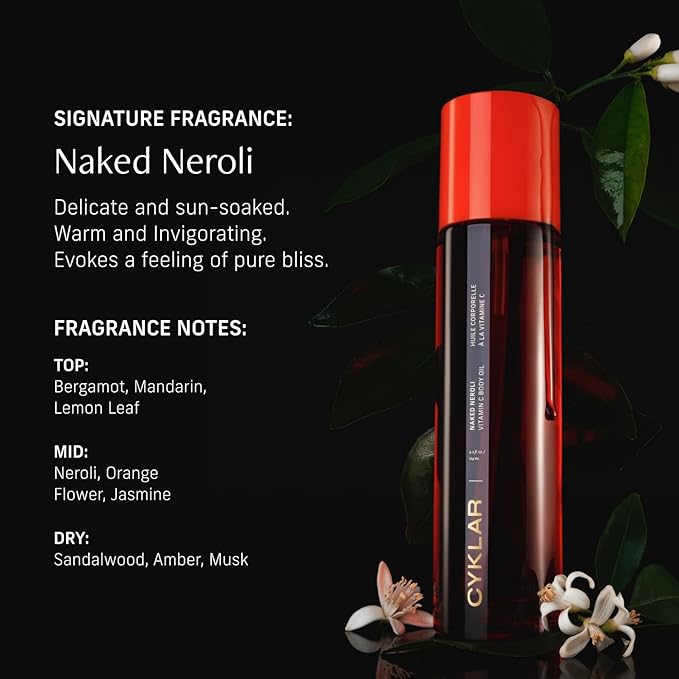 CYKLAR Vitamin C Body Oil for Women and Men. Moisturizing Naked Neroli Scented Body Serum for Glowing Skin. Nourishing, Hydrating After-Shower and Bath Skin Care Moisturizer, 4.2 Fl Oz