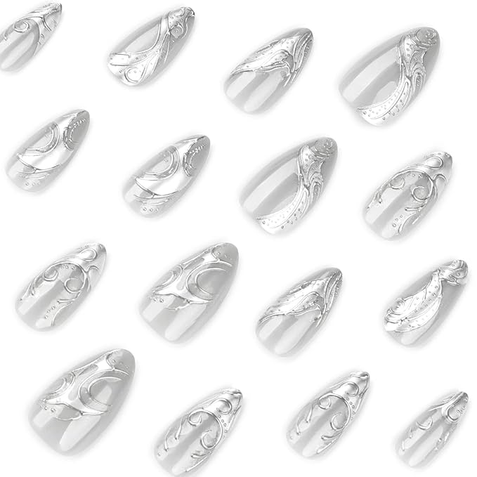 Silver Press on Nails Medium Almond Fake Nails Y2k Silver Irregular Chrome Designs Goth False Nails French Tip Full Cover Acrylic Stick on Nail Halloween Glue on Nails for Women DIY Manicure 24Pcs