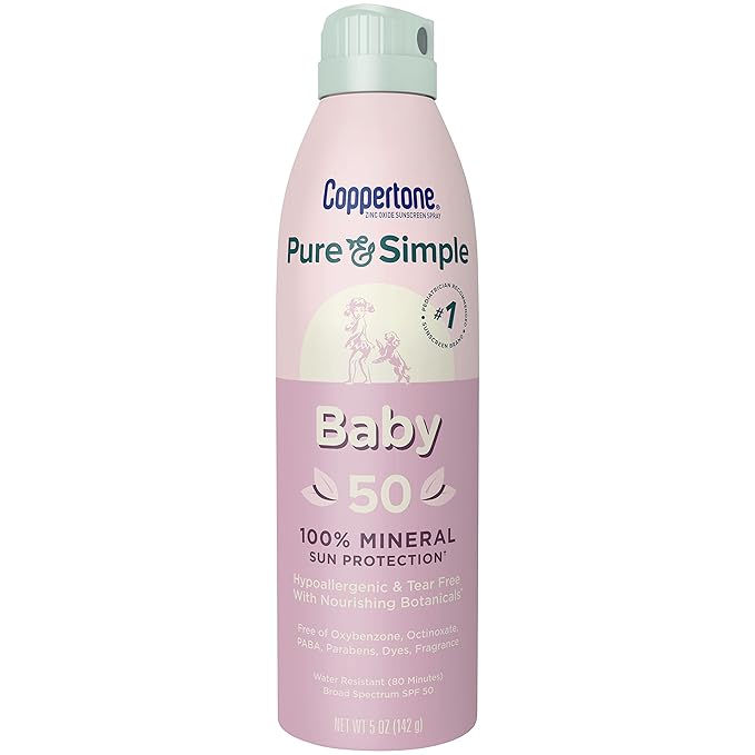 Coppertone Pure and Simple Baby Sunscreen Spray SPF 50, Zinc Oxide Mineral for Babies, Toddler, Water Resistant, Broad Spectrum, 5 Oz