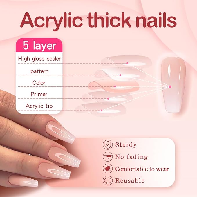 Yivaiks Nude Press on Nails Medium Length Coffin False Nails Press ons Fake Nails with Glue on Nails Full Cover Acrylic Nails for Women Artificial Nails Kit 24pcs