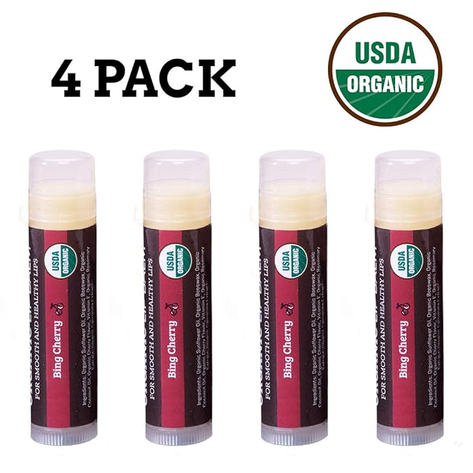 Earth's Daughter USDA Organic Lip Balm 4-Pack Stocking Stuffers - Cherry Flavor - Beeswax, Coconut Oil, Vitamin E - Best Lip Repair Chapstick for Dry Cracked Lips.