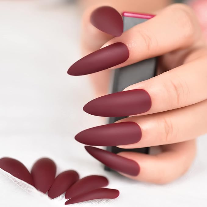 Extra Long Stiletto Burgundy False Nails Wine Red Matte Press on Nails Gifts Reusable Wearable Fake Acrylic Nail Art Tips Salon DIY Manicure for Halloween Party Adhesive Tabs Nail File