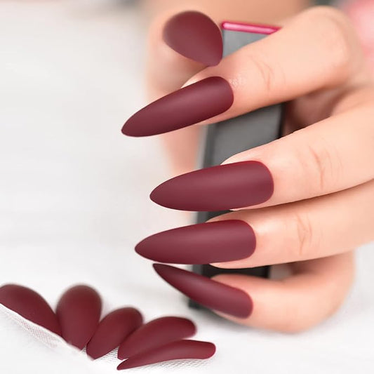 Extra Long Stiletto Burgundy False Nails Wine Red Matte Press on Nails Gifts Reusable Wearable Fake Acrylic Nail Art Tips Salon DIY Manicure for Halloween Party Adhesive Tabs Nail File