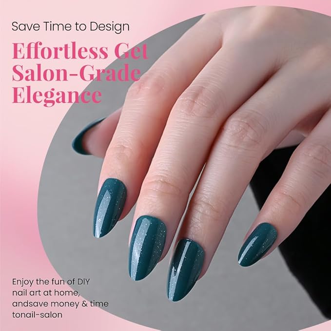 evpct Press on Nails Almond Short, Dark Cyan Green Glitter Shimmer Shiny Short Almond Fake Nails for Women Gift, Soft Gel Press Glue On Nails with Nail Glue, 30Pcs Reusable Acrylic Nail Manicure Kit