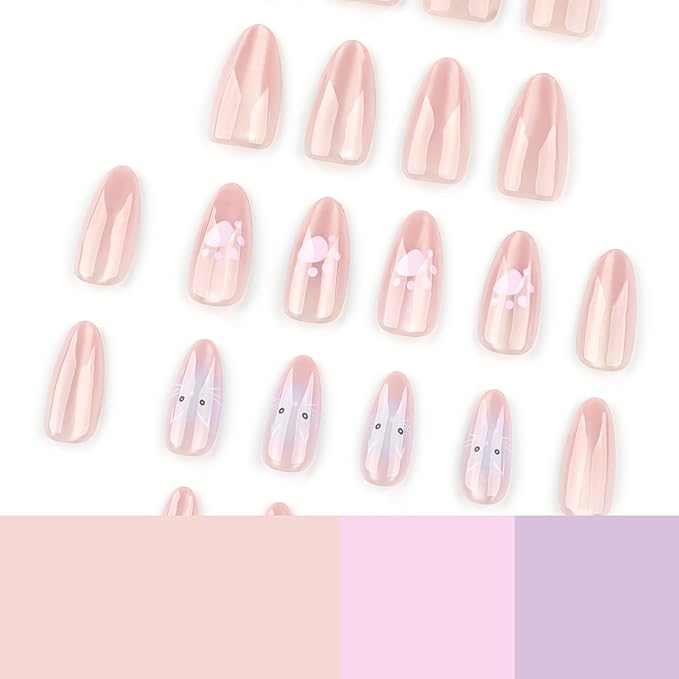 Nude Ombre Press On Nails Almond Medium, Cat Eye Fake Nails with Cute Cat Paw and Kitten Detail Design, Color-Shifting Glow, Reusable Glue On Nails Kit for Women, 24Pcs