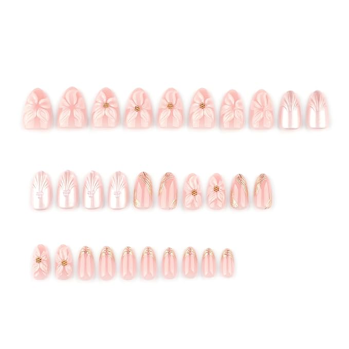 Short Press On Nails Almond – 3D Floral & Pearl Accent Nude Pink Fake Nails, 30Pcs Reusable Acrylic Stick On Nails with Gold Details, Glossy Soft Gel Look, DIY Manicure Kit for Women