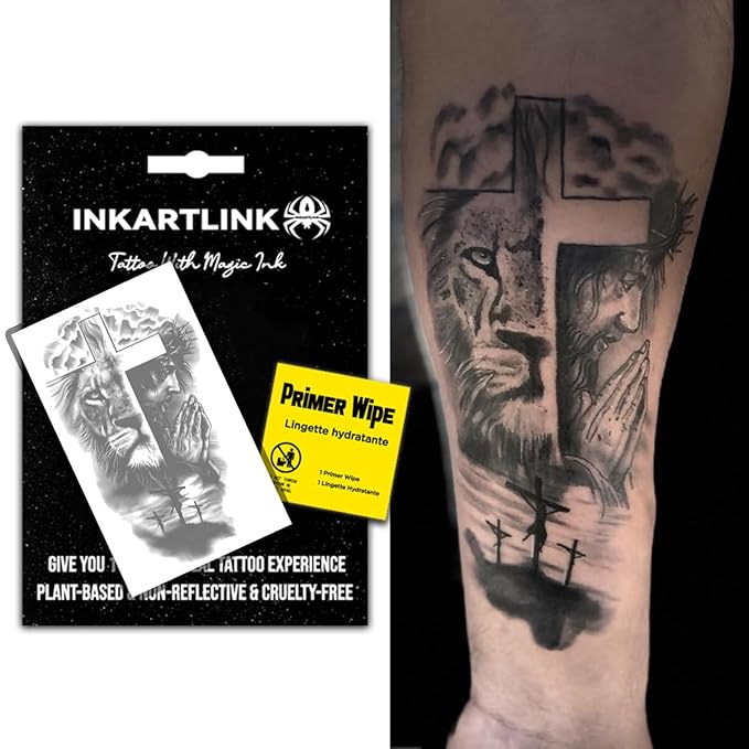 INKARTLINK Semi-Permanent Tattoos, religious large temporary hand tattoos for cool men and women, realistic, waterproof and cruelty-free (lion, Jesus cross)