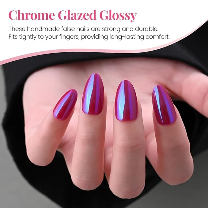 evpct Dark Red Press on Nails Almond Short, Dark Purple Red Chrome Glazed Glossy Short Almond Soft Gel Press On Nails with Nail Glue for Women Gift, 15 Sizes 30Pcs Reusable Stick Acrylic Fake Nail Kit