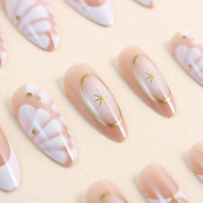 IMRAIN Medium Almond Press on Nails French Tips Fake Nails with Crocodile Print Designs Nude White Ombre Glossy Glue on Nails Acrylic Full Cover Golden Star Stick on False Nails for Women Girls