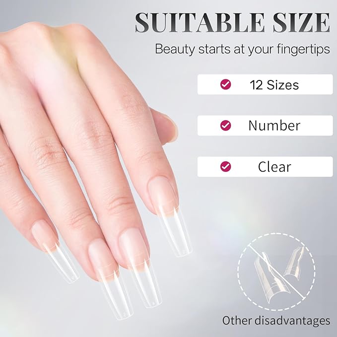 krofaue 504PCS Clear Fake Nails - Half Cover French Nail Tips 12 Sizes Acrylic Soft Gel Square False Tips Gift for Nail Extension DIY & Salon