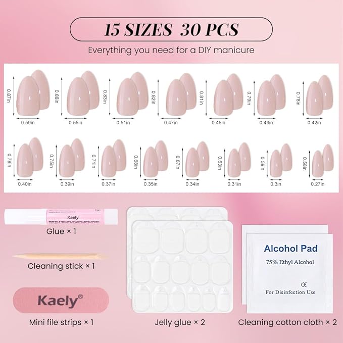 evpct Glossy Press on Nails Short Almond Short for Women, Plum Pink Fake Nail with Glue Salon Quality Reusable Stick on Nails In 15 Sizes 30Pcs Full Cover False Nail Soft Gel Set Kit for Gift, 05