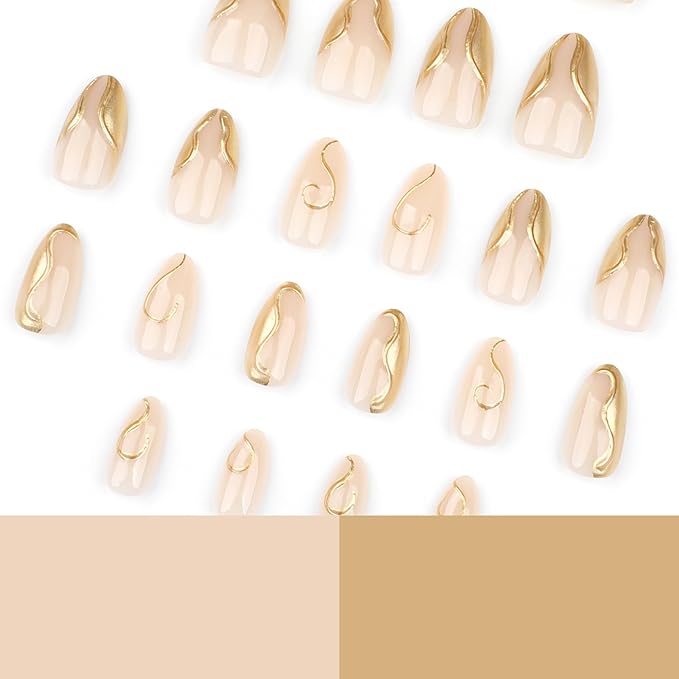 24pcs French Tip Press on Nails Medium Almond Fake Nails Gold French Line False Nails with Design Nude Glue on Nails Chrome Gold Line Artificial Acrylic Full Cover Glossy Stick on Nails for Women