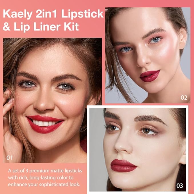 evpct 3Pcs Mauve Red Dusty Rose Gradient Matte Lipstick Lip Liner Crayon Combo Pencil Set for Women Long Lasting Waterproof, Cream Lip Liner and Lipstick Combo Makeup，Flawless Gradual Ombre Effect