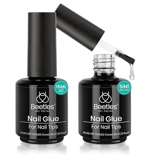 beetles Gel Polish 2 Pcs 15ml Nail Glue Kit for Acrylic Nails, 5 in 1 Super Strong Brush in Nail Gel Glue for False Nails Tips and Gel Nail Polish Led Lamp Required Nail Art Gift