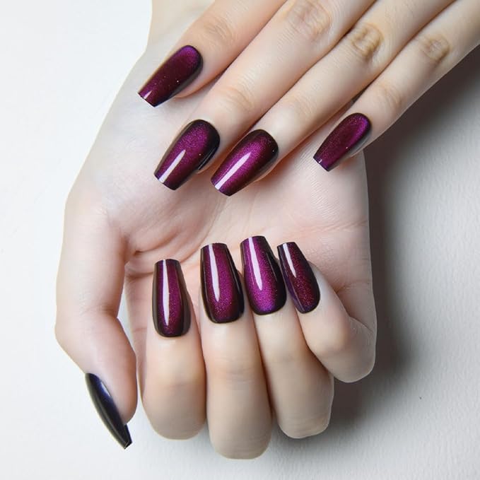 evpct Dark Purple Cat Eye Coffin Press on Nails Square Medium, Medium Square Glue on Nail for Women, Dark Purple Metallic Glitter Glossy Reusable Summer Soft Gel Press on Acrylic Fake Nail with Design