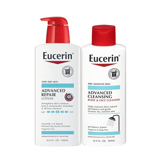 Eucerin Advanced Repair Unscented Body Lotion for Dry Skin (16.9 Fl Oz) + Advanced Cleansing Body and Face Cleanser for Sensitive Skin, Fragrance Free (16.9 Fl Oz)