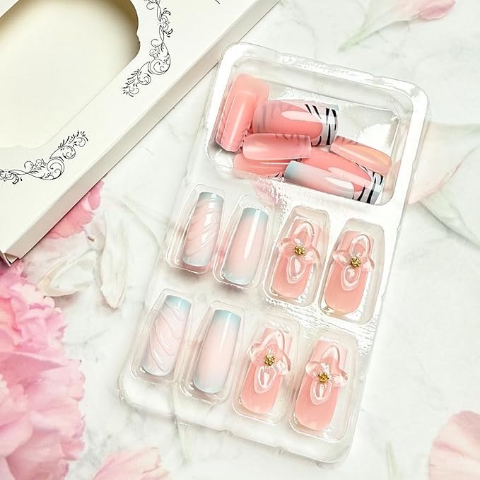 24Pcs Blue Flower Press on Nails Long Square French Tip Fake Nails with 3D Flower Rhinestones Designs Summer False Nails Cute Acrylic Stick on Nails Full Cover Glue on Nails for Women Manicure Kit