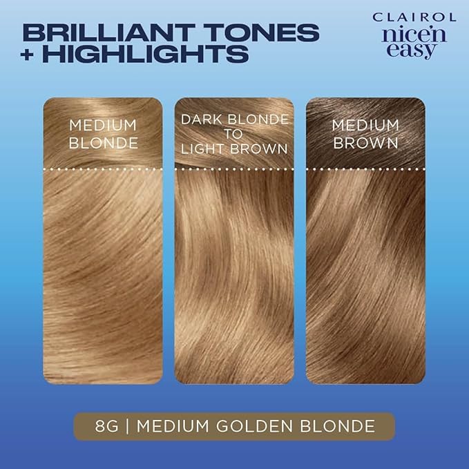 Clairol Nice'n Easy Permanent Hair Dye, 8G Medium Golden Blonde Hair Color, Pack of 3