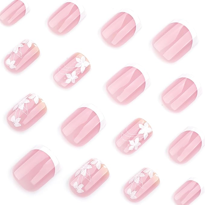 Spring Press On Nails Short Square, Nude Fake Nails with White French Tips Delicately Adorned with White Floral Accents, Glossy Gel Finish Acrylic Nails Press Ons Short Thick Natural Glue On Nails Kit