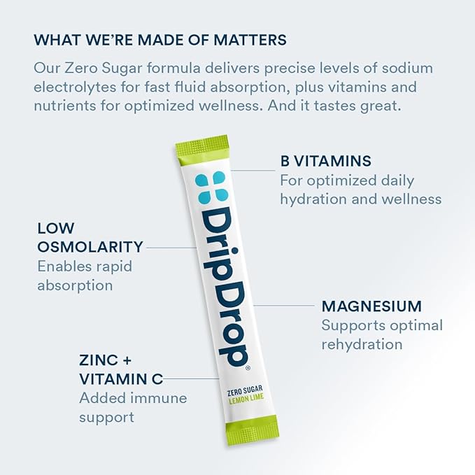 DripDrop Sugar Free Hydration Packets - Zero Lemon Lime - Single Serve Electrolytes Powder Drink Mix - Non-GMO, Gluten Free, Vegan - 32 Sticks