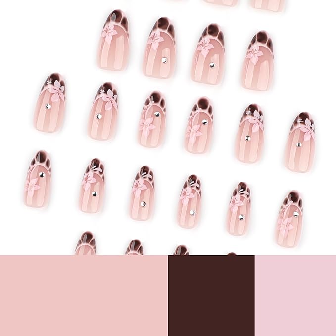 French Press On Nails Almond medium, Nude Pink Fake Nails with Floral & Brown Gradient French Tip Detail, Rhinestone Accent, Glossy Gel Finish Acrylic Nails Reusable Glue On Nails for Women