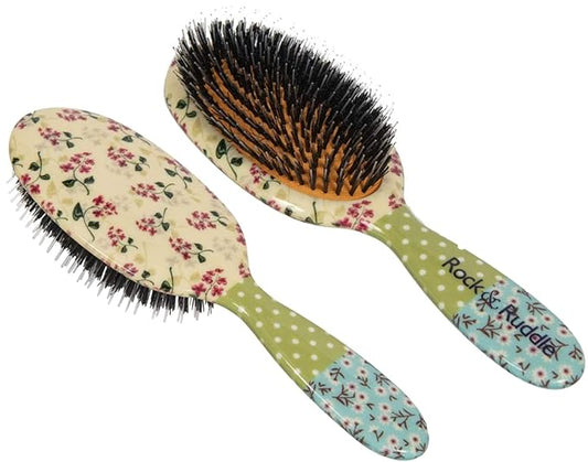 Rock & Ruddle Natural Mixed Boar Bristle Hair Brush for Women and Kids (Large, 21 cm) - Perfect for Wet or Dry Hair, Detangling Smoothing Blowdrying - Designed & Made in UK - Pink Blossom Design