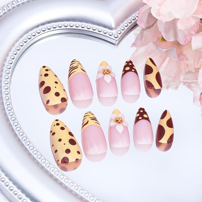 24Pcs Fall Almond Press on Nails Medium French Tip Fake Nails with Gold Beads Design 3D Flower Glue on Nails Brown Leopard Print Artificial Acrylic Nails French Tip Stick on Nails Decoration for Women