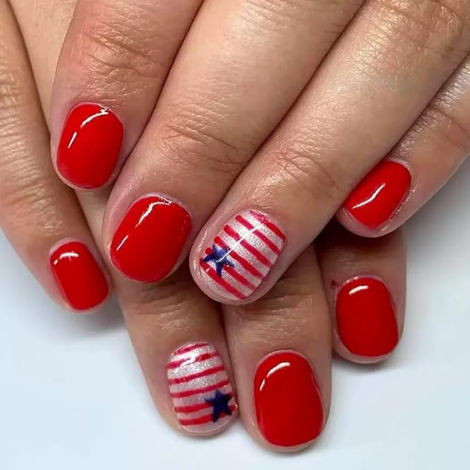 6 Packs (144 Pcs) 4th of July Press on Nails, Short Square Press on Nails, Star Fake Nails Red Blue Independence Day False Nails for Women, Stick on Nails Kit 12 Sizes-6Styles