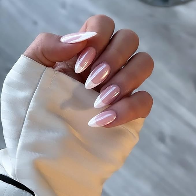 Chrome White French Tip Press On Nails Short Almond, Medium Fake Nails French Nails Press ons Acrylic Nails Glue on Nails Medium, Natural Short Almond Nails False Nails for Women in 12 Sizes 24 Pcs