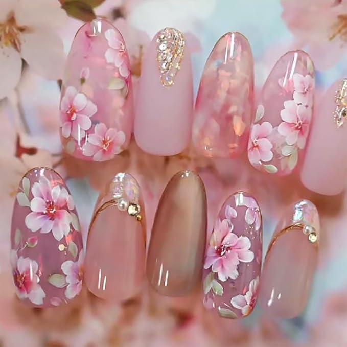24Pcs Cherry Blossom Press on Nails Medium Almond French Tip Fake Nails with Gilding Pearl Design Pink Flower False Nails Full Cover Artificial Glue on Nails Cute Stick on Nails for Women Spring Nail