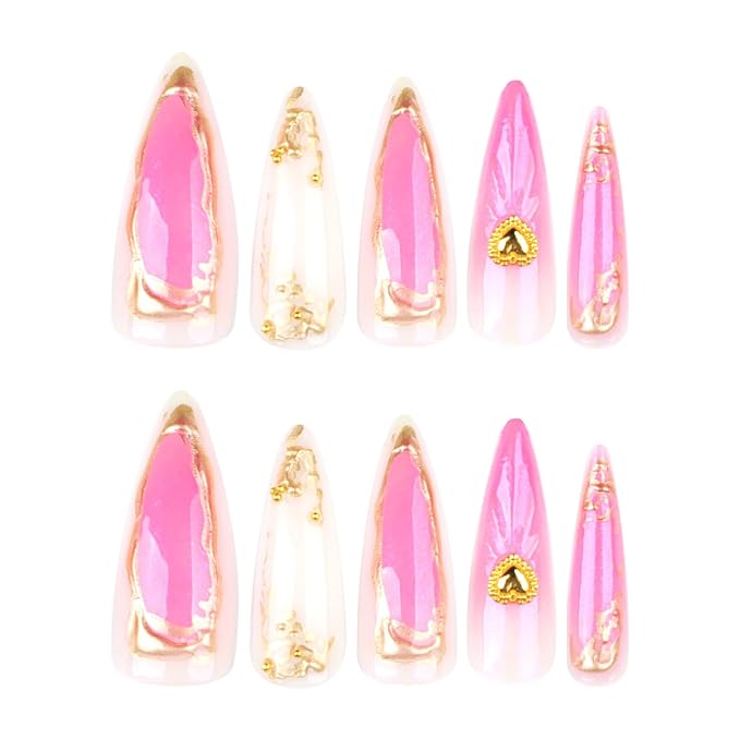 24Pcs Gold French Acrylic Full Cover Fake Nails 3D Curve Line Press on Nails Love Heart Gel Glue on Fingernails Glossy Pink Gradient Long Almond False Nail Shell Stick on Nail for Holiday Manicure Art
