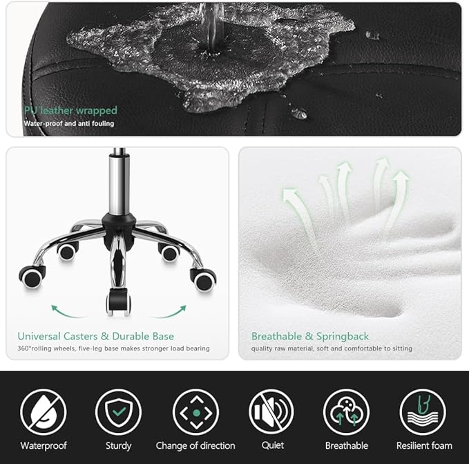 FURWOO Oval Rolling Stool Height Adjustable Massage Chair with Wheels for Spa Salon Black