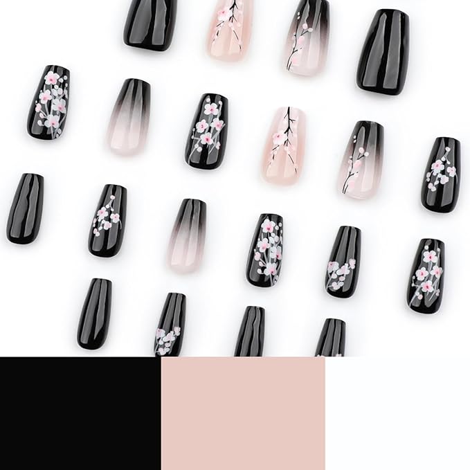 Spring Press on Nails Medium Coffin Shape Fake Nails with Black and Pink Cherry Blossom Designs Gradient Ombre Flower Glue on Nails Glossy Finish Artificial Nails for Women Girls, 24Pcs