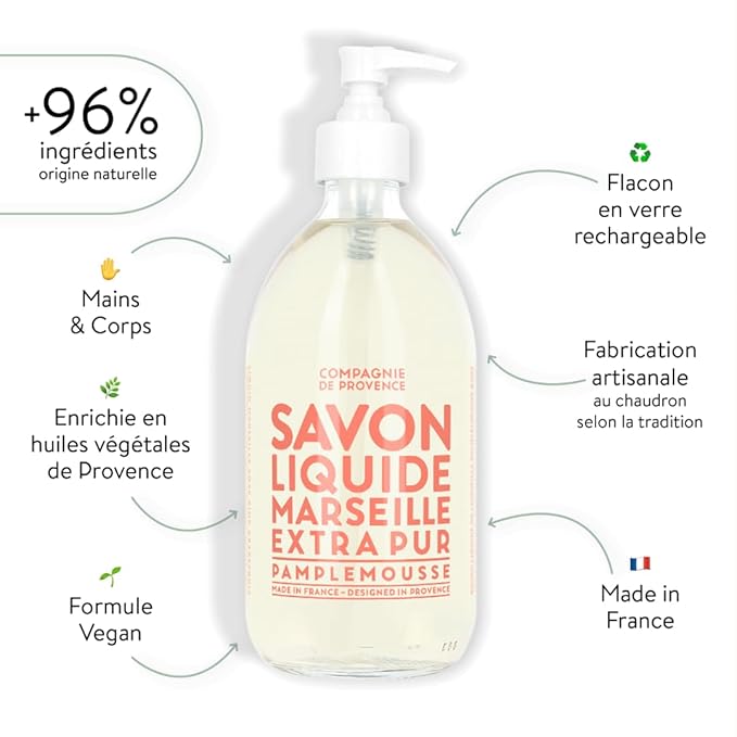 Compagnie de Provence Savon de Marseille Extra Pure Liquid Soap - Pink Grapefruit - 16.7 Fl Oz Glass Pump Bottle