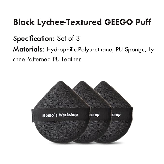 Momo's Workshop Geego Black Lychee-Pattern Leather Makeup Puff - Water Drop Shape, Dry/Wet Dual Use, Reinforced Strap, Flawless Foundation Application for Cushion/Foundation,3pcs & Storage Case