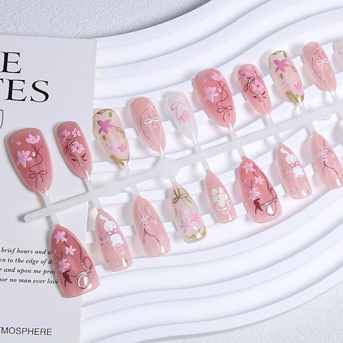 30Pcs Pink Press on Nails Medium Almond Fake Nails Summer Pink Peach Blossom Designs Cute Cat Bow False Nails Full Cover Acrylic Stick on Nails Artificial Glue on Nails for Women Nail Decoration