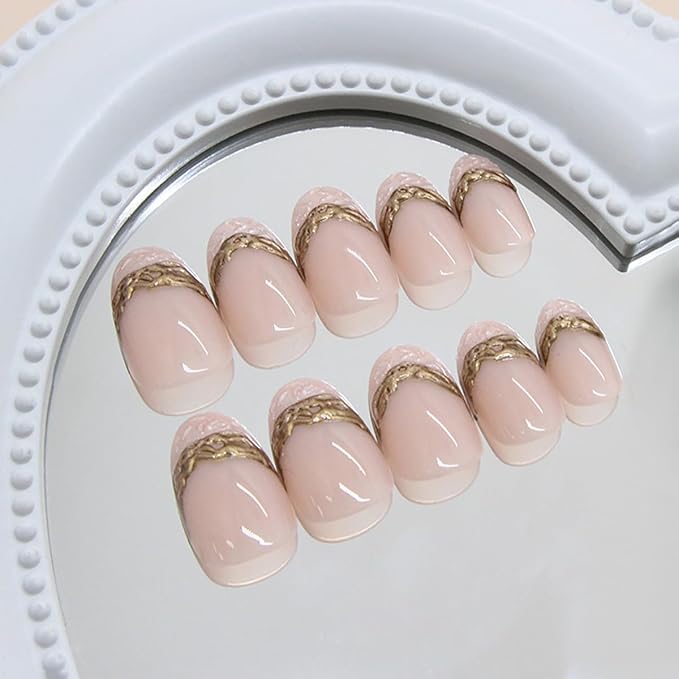 24Pcs White French Tip Press on Nails Medium Almond Fake Nails with 3D Gilded Line Design Glitter False Nails Full Cover Artificial Glue on Nails Nude Stick on Nails Reusable Nail Supplies for Women