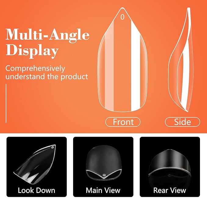 Short Stiletto Nail Tips, 500PCS Gel Tips for Acrylic Nails Professional, Clear Short Amlond Acrylic Nails, Full Cover Nail Tips for Nail Extension for DIY Home Salons, 10 Sizes with Box