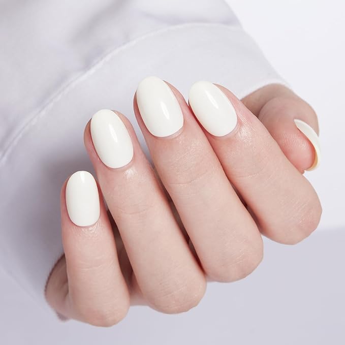 modelones Short Press on Nails, Oval Fake Nails Kit Press Ons with Nail Glue, Adhesive Tabs, Nail File, Prep Pad, Manicure Stick, 32Pcs 16 Sizes, Milky White, Christmas