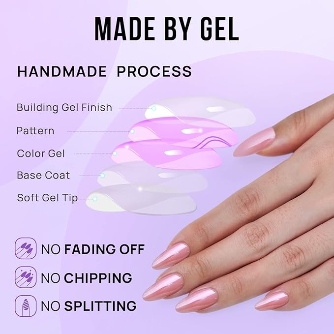 BTArtbox Press On Nails Almond - Soft Gel Press on Nails Pink Chrome Nails, Light Weight & Fit Perfectly, Natural Fake Nail with Nail Glue, Medium Glue On Nails in 15 Sizes - 30 Nail Kit, Lotus Glazed