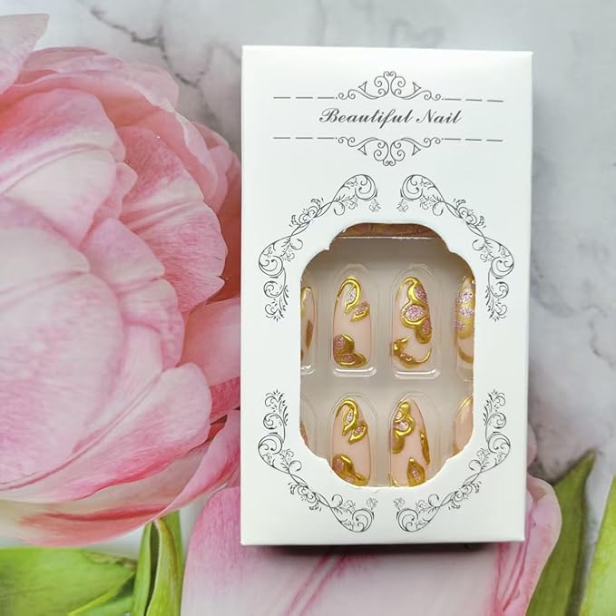 24Pcs Gold Press on Nails Medium Almond Fake Nails with Pink Glitter Glue on Nails Gold Chrome Full Cover Nail Tips French False Nails Pink Acrylic Nails Glossy Stick on Nails for Women Manicure